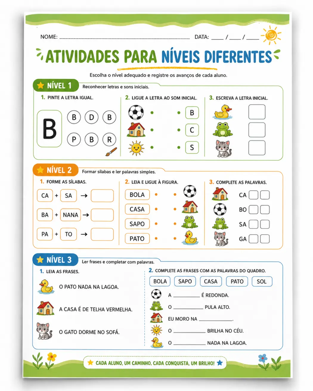 Amostra real de atividade organizada em três níveis diferentes
